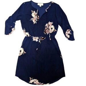 Urbanology Navy Blue and  Floral Lightweight 3/4 Sleeve Dress Woman's Small